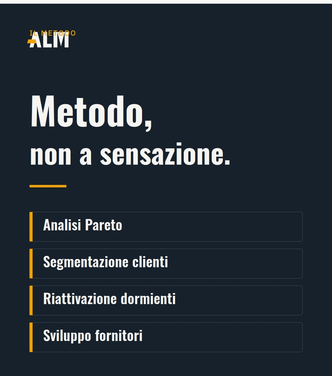 Metodo, non a sensazione: analisi Pareto, segmentazione clienti, riattivazione dormienti, sviluppo fornitori